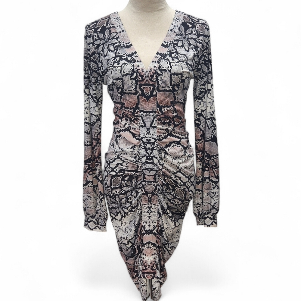 Hale Bob Ruching Front And Back Long Sleeve Snake Print V-Neck Dress Size M